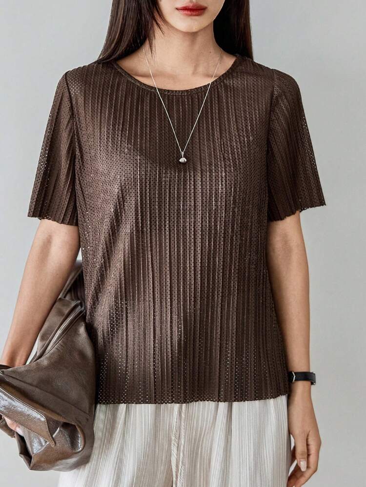 Women's Loose Casual Striped Hollow-Out Crew Neck Short Sleeve T-Shirt, Simple Office/Commute Wear, Summer Business Casual Woman