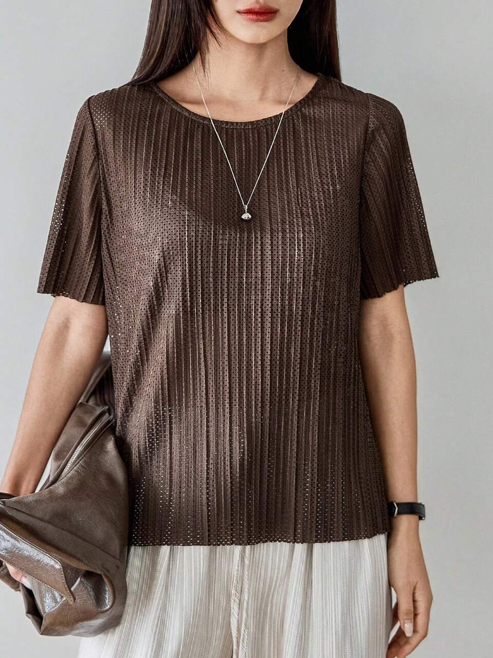 Women's Loose Casual Striped Hollow-Out Crew Neck Short Sleeve T-Shirt, Simple Office/Commute Wear, Summer Business Casual Woman