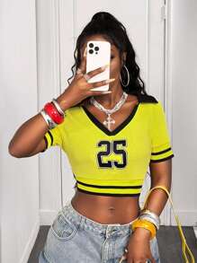 BamGleam Áo thun nữ tay ngắn dệt kim họa tiết sọc chữ đơn giản cổ chữ V màu tương phản mới mùa hè - Màu vàng - Xem 3