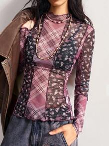 Bohemela 女式格子拼布和碎花长袖上衣 - 藏蓝色 - 查看 2