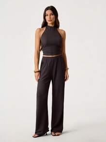 SHEIN Tall 2pcs/Set Women Vacation Casual Solid Color Backless Tank Top And Long Pants