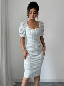 Selianne Đầm ôm body xẻ lưng họa tiết kẻ caro cổ vuông tay bồng - màu đen - Xem 6