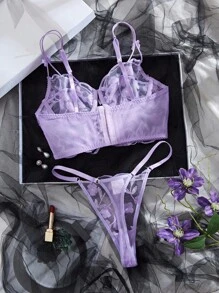 SHEIN 2件浪漫刺绣镂空钢圈文胸套装 - 淡紫色 - 查看 2