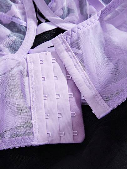 Romantic Geborduurde Front Hollow Out Underwire BH Set Paars Lingerie Bloemen Kanten See Through Birthday view 5