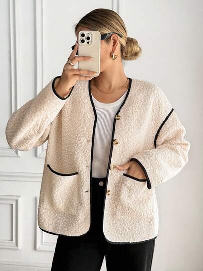 Serisse 女士休闲通勤撞色滚边常规款外套，秋冬季，时尚秋季，女士秋季装，撞色外套，优雅女士外套，外出穿着