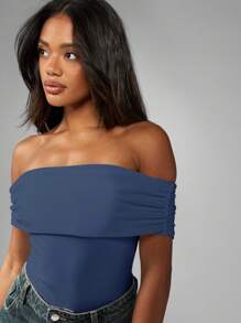 MISSGUIDED 露肩翻领紧身衣晚会芭铎风格褶皱修身连体衣休闲夏季俱乐部装优雅场合紧身衣 - 藏蓝色 - 查看 3