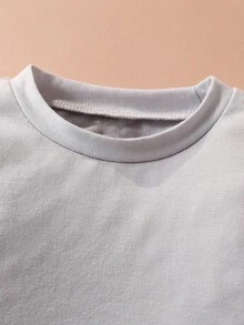 SHEIN 幼儿男童可爱熊耳朵毛绒面料舒适柔软长袖T恤和裤子套装 - 彩色 - 查看 3