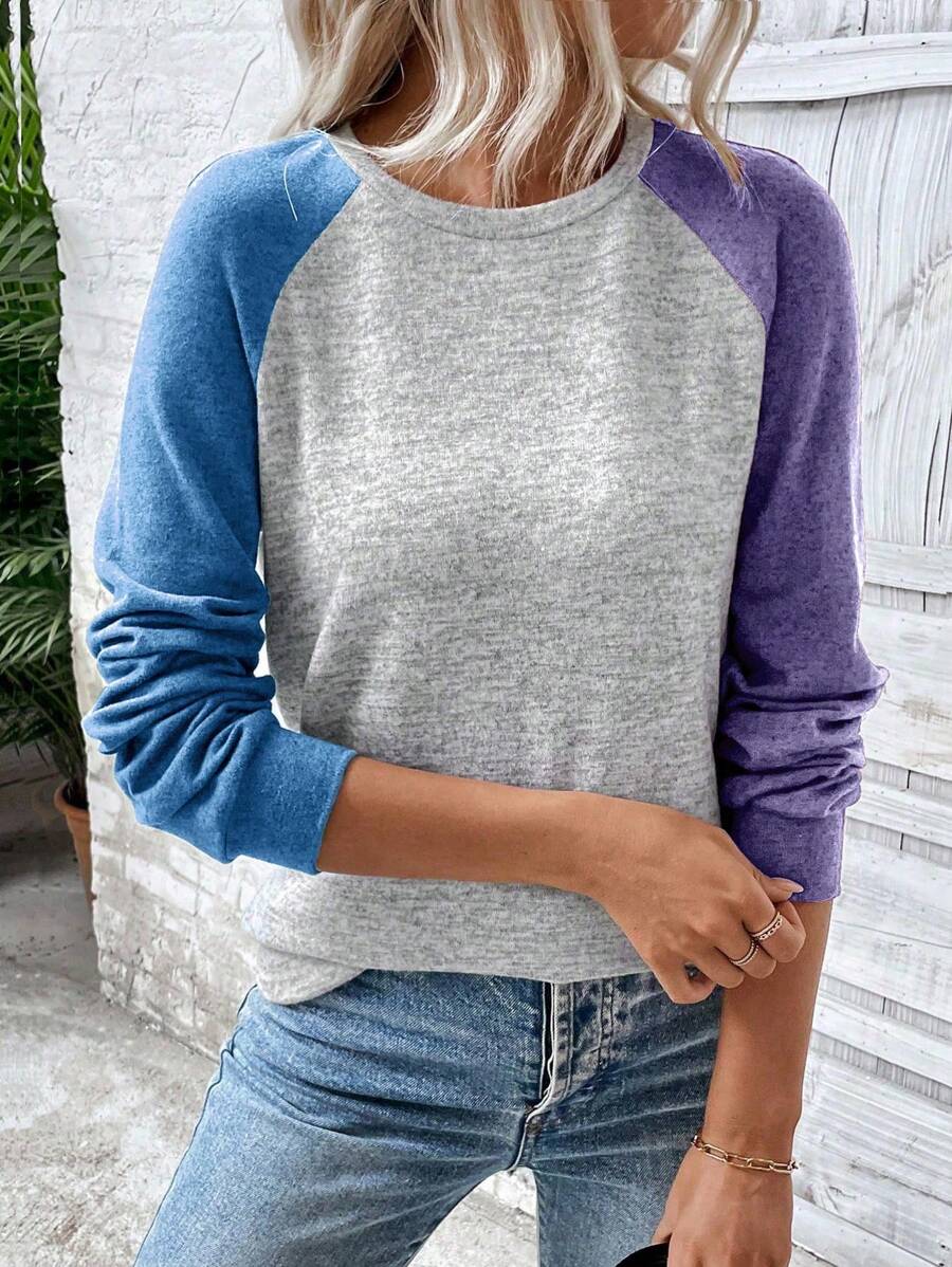 SHEIN LUNE 女式休闲日常撞色拼接插肩袖套头衫秋季 - 彩色 - 查看 1
