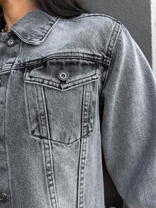 EURMUSE Jaqueta jeans cropped casual com bainha desfiada e lavagem - Cinza - Ver 6