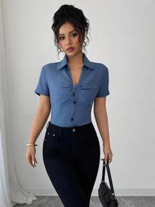 Elenzga 牛仔效果面料设计蝴蝶结短袖衬衫