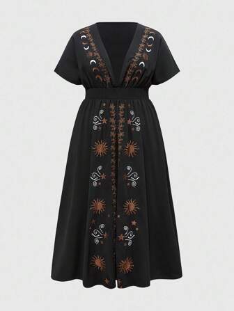 Goth Gothic Style Contrast Color Star & Vine Embroidery A-Line Waisted Black Plus Size Dress
