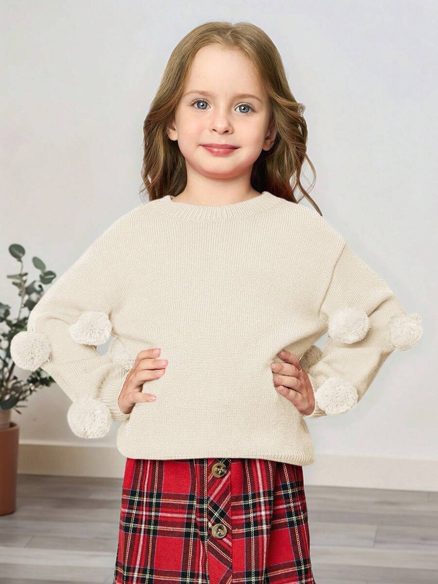 SHEIN 女童3D毛球可爱圆领针织毛衣,适合日常休闲穿着。女童针织毛衣,带毛球毛衣,毛球毛衣,奶油色女童毛衣,女童冬季毛衣,返校季女童针织毛衣,带毛球女童毛衣,女童毛衣。 - 杏色 - 查看 1