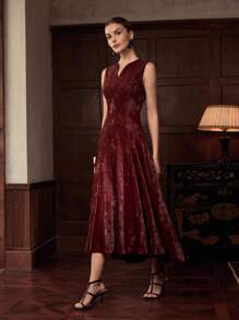 ZEYLAH Elegant Flare Hem Cinched Waist Sleeveless Women's Dress For Autumn/Winter - Burgundy - View 4