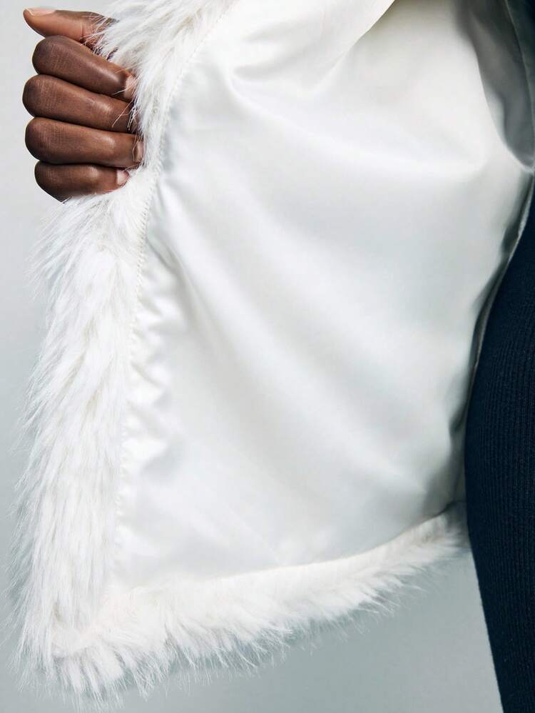 SHEIN Maija Women's White Fluffy Fabric Loose Fit Long Vest, Fashionable Sleeveless Jacket With Slant Pockets, Elegant For Party, Holiday, Casual Daily Wear, Autumn/Winter Winter Coat Women Winter Clothes Women Winter Jacket Winter Coat