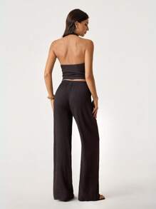 SHEIN Tall 2pcs/Set Women Vacation Casual Solid Color Backless Tank Top And Long Pants