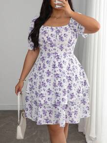 Elenzga Vestido plus size feminino estilo francês elegante, azul e branco, floral, bainha dupla, manga bolha, verão