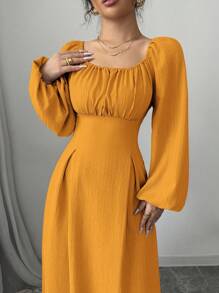 Modelyn Women's Elegant Long Dress With Square Neck, Lantern Sleeves, Pleats, And Back Tie, Solid Color, For Autumn Maxi Women Outfit Long Evening Dresses