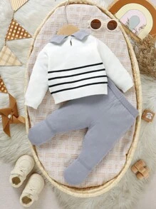 SHEIN 新生婴儿条纹毛衣套装，0-9 个月，休闲时尚风格，黑白灰色，开领，裆部按扣，领子，自行车印花，长袖针织毛衣和裤子 2 件套，柔软舒适，适合日常、外出、旅行、度假、居家、托儿所、儿童玩耍 - 白色 - 查看 2