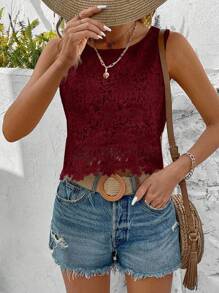 EMERY ROSE Women's Solid Color Lace Sleeveless Blouse, Casual Vacation - Red - View 3