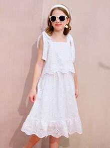 Set de 2 piezas con top de tirantes con bordado calado y falda para niña preadolescente, ideal para verano y viajes - Blanco - Ver 4