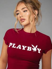Missguided x Playboy Camiseta de bebé de algodón suave estilo retro con estampado gráfico de logo para la temporada de moda y festivales Y2K, ropa de calle vintage clásica - Rojo - Ver 7