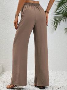 SHEIN Tall Women Khaki Casual Elastic Waist Drawstring Relaxed Straight Leg Pants Fall Cloth For Women - Khaki - View 2