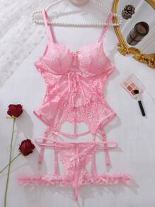 Floral Lace Underwire Garter Corset Lingerie Set With 1pair Leg Ring - Pink - View 6