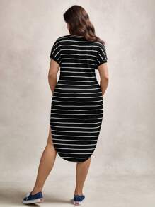 Zelara Plus Size V-Neck Raglan Curved Hem Mid-Length Loose Dresses For Summer Autumn Clothes Back To School School Clothes Homecoming  Teacher Striped