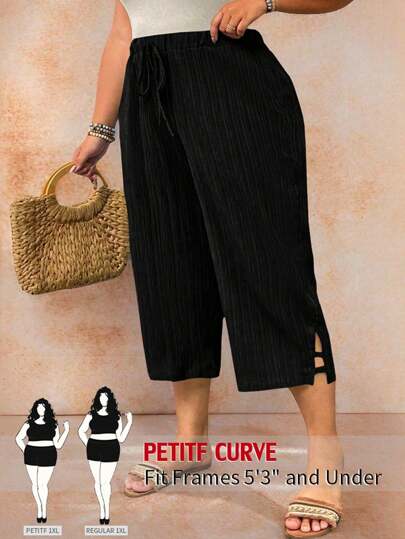 SHEIN PETITE Pantalones informales de tela texturizada negra, de corte crop, talla grande, para verano, talla pequeña