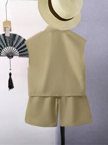 SHEIN 2 件套幼儿男童复古中国风纽扣短袖上衣和短裤套装，时尚、凉爽、舒适，适合春夏季度假、旅行、放松、日光浴