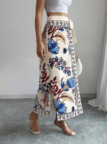 Elenzga Gonna lunga a portafoglio con stampa floreale e vita annodata, stile vacanziero di moda per le donne - Multicolore - Visualizzare 4