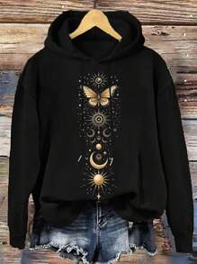 EMERY ROSE Casual Minimalist Golden Moon & Butterfly Print Loose Fit Hooded Thick Sweatshirt For Women