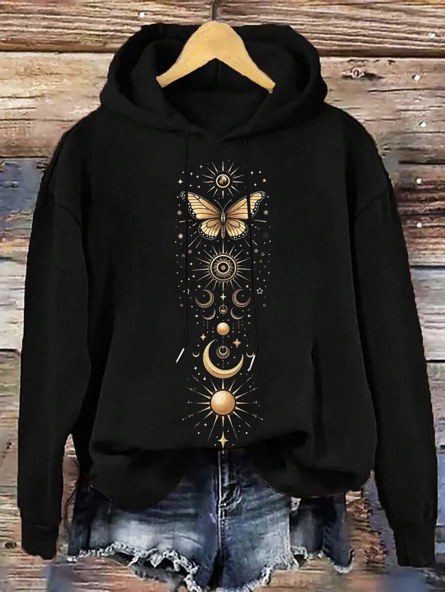 EMERY ROSE Casual Minimalist Golden Moon & Butterfly Print Loose Fit Hooded Thick Sweatshirt For Women