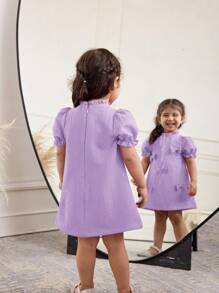 SHEIN Baby Girl Casual Simple Comfortable Ruffled Collar Puff Sleeve Dress - Mauve Purple - View 2