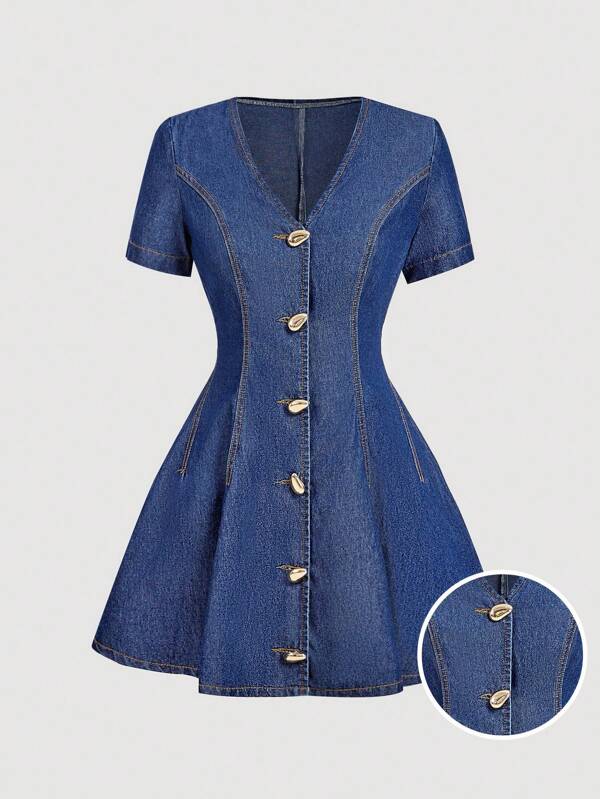 SHEIN MOD Vestido vaquero informal de verano para mujer con cuello en V, manga corta y abotonadura sencilla