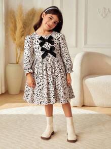 Girls Puff Print Long Sleeve Dress With Shirred Hem, Ribbon Bow Chest Decor, Suitable For Vacation Or Daily Wear In Autumn - Black - View 2