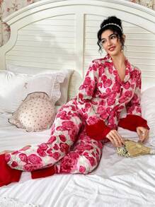 SHEIN 2 Stücke Damen Kontrast Rüschen Blume Muster Hemdkragen Langarm Top & Hose Pyjama Set, Herbst Winter Kleidung - Verschiedenfarbig - Übersicht 5