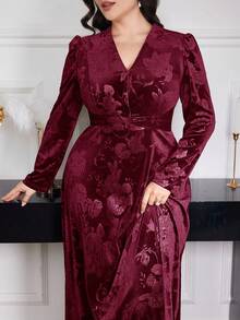 Modelyn Đầm dạ hội dài tay bồng cổ chữ V họa tiết hoa Jacquard cỡ lớn cho nữ - Màu Đỏ Sâu - Xem 1