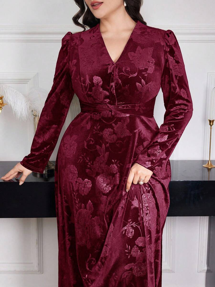 Modelyn Đầm dạ hội dài tay bồng cổ chữ V họa tiết hoa Jacquard cỡ lớn cho nữ - Màu Đỏ Sâu - Xem 1