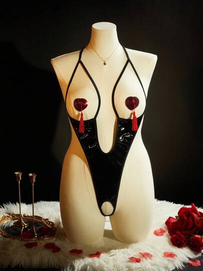 SpicyHot 1 Set/2pcs Plus Size Sexy Lingerie - Hollow Out Bustier Bodysuit With Fringed Pasties, Contrast Color PU Leather Club Outfit Kinky Lingerie For Women Nipple Tassels For Rave