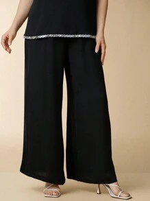 EMERY ROSE Plus Size Black Summer Elegant Formal Evening Wedding 2 Pieces Set, Sequin Ribbon Lantern Sleeve Blouse & Cinched Waist Baggy Pants Party Ladies Outfits - Black - View 6
