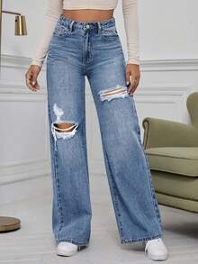SHEIN ICON Washed Denim Blue High Waist Ripped Wide Leg Jeans - Medium Wash - View 3