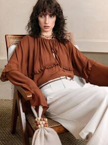 Arave Women's Autumn Loose Collar Button-Down Ruffled Shirt Elegant Ruffled Chiffon Long-Sleeved Top, Retro Decadent Style Women's Shirt  Holiday Dress Vacation Outfits Woman Western Wear Women Hawaii Outfits Women Fall Cloth For Women