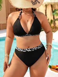 Swim Lushoire Plus Size Women Leopard Print Halter Tie-Front Tankini Bikini Set Set, Casual Resort For Summer Beach Vacation