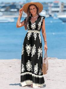 Sylviya 收縮荷葉邊設計短袖腰帶印花休閒度假裙，A字裙擺 - 彩色 - 查看 7