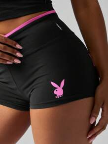 Missguided x Playboy High Waisted Style Fitness Booty Shorts Bottoms - Black - View 6