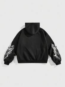 ROMWE MEN Street Life Sudadera con capucha de hombre con estampado de graffiti callejero abierta, adecuada para uso diario, primavera/verano - Negro - Ver 2