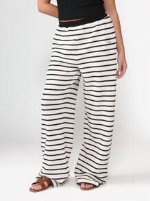 SUMWON Striped Wide Leg Knitted Pants Resort Wear Palazzo Style High Waisted Ribbed Casual Summer Beach Bottoms Cozy Wear Vacation Style - Black and White - View 3