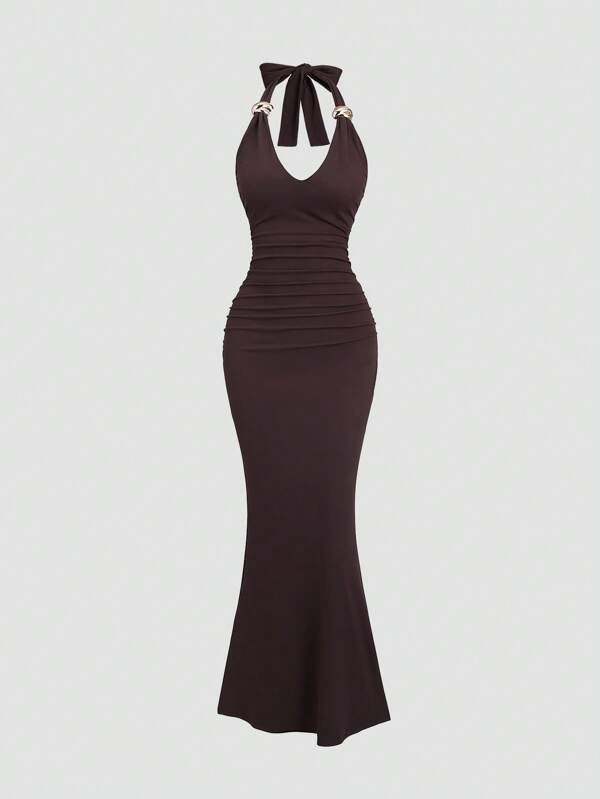 Sweetra Sexy American Girl Style Deep V-Neck Halter Metal Buckle Decor Pleated Ruched Bodycon Mini Dress
