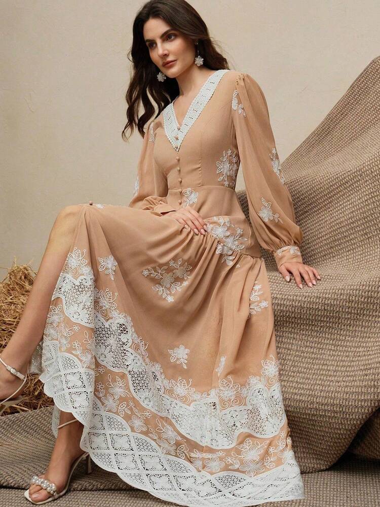 One-Piece Dress, Women, Solid Color, Milky Silk, Heavy Embroidery
